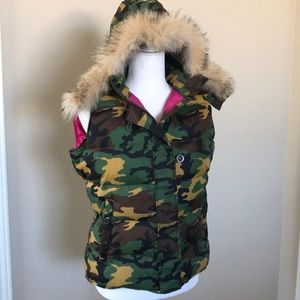 Joie Camo Puffer Vest W/ Fur Trimmed Hoodie